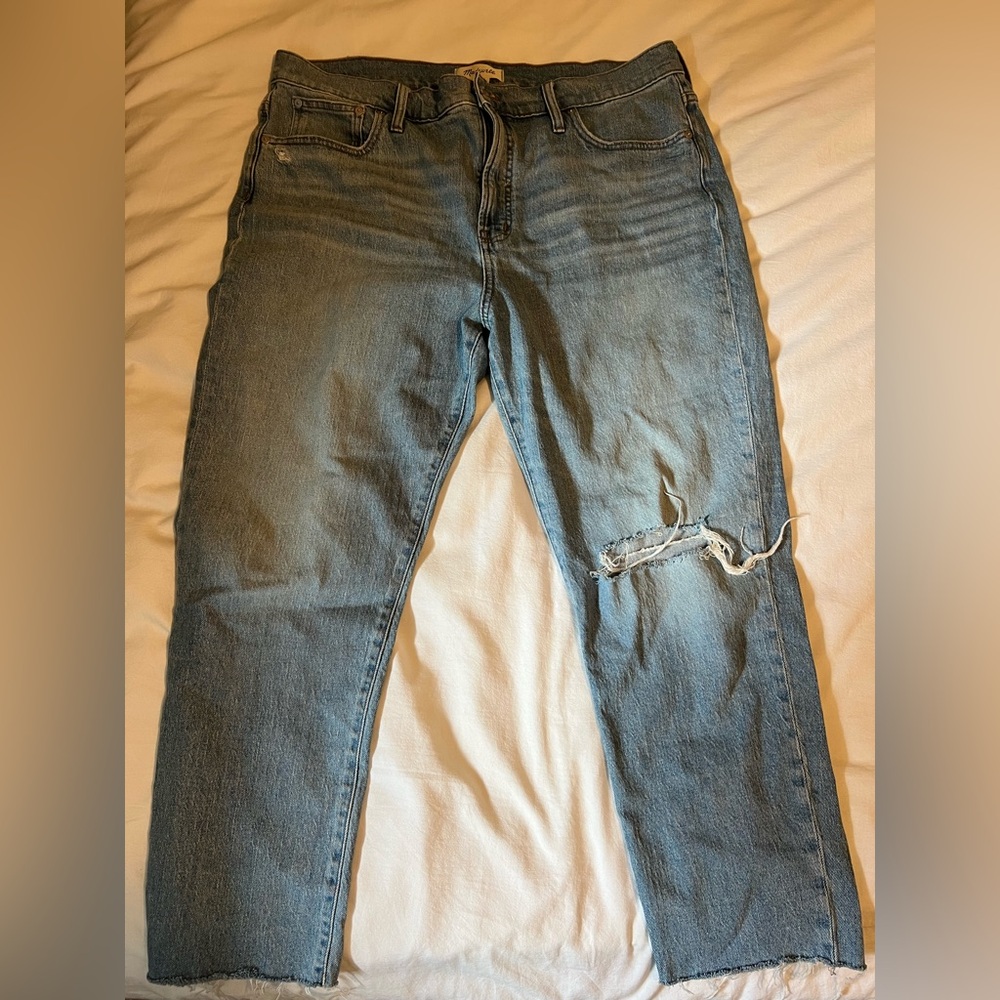 Madewell Distressed Straight Leg Jeans in Light Blue